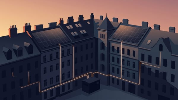 Wiener Innenhof von oben, zwei Dächer mit Solarmodulen, leuchtende Leitungen führen hinunter zu einem Trafohäuschen.
