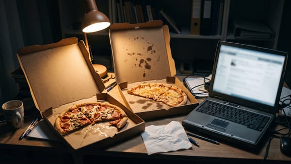 Zwei angebissene Pizzen in offenen Kartons auf einem Schreibtisch neben einem alten Laptop im Lampenlicht