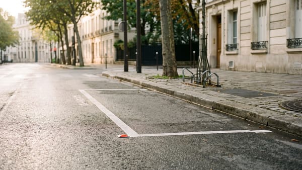 Ein leerer, weiß markierter Parkplatz am Straßenrand einer europäischen Stadt im Morgenlicht, nasser grauer Asphalt, im unscharfen Hintergrund Platanen und Altbaufassaden.