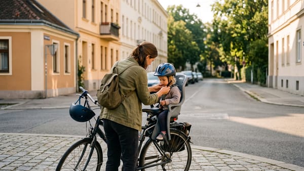 Eine Frau schnallt ihrem Kind im Fahrradsitz den Helm zu; ihr eigener Helm hängt unbenutzt am Lenker, dahinter eine ruhige, sonnige Wiener Straßenecke.