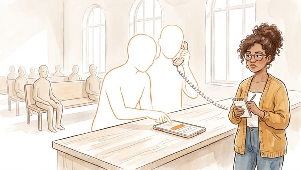 Aquarell: Zwei weiße Silhouetten am Bankschalter — eine tippt ein orange markiertes Feld am Smartphone an, die andere hält einen Telefonhörer ans Ohr. Rechts notiert eine Frau.