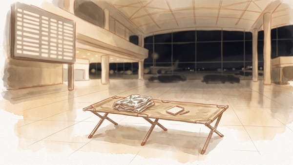 Aquarell in Creme- und Beigetönen: ein leeres Feldbett mit Rettungsdecke und Notizblock in einer nächtlichen Flughafenhalle, dahinter eine leere Anzeigetafel und ein dunkles Vorfeld.