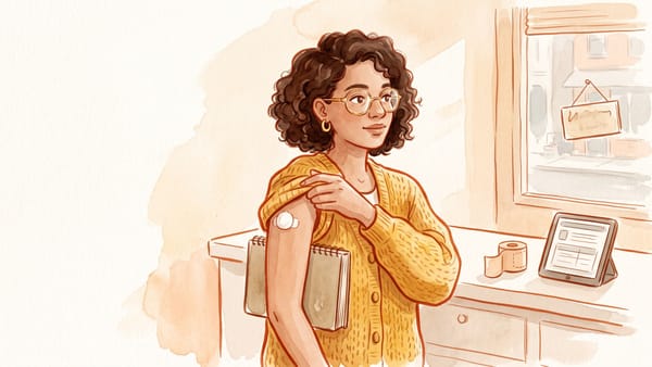 Aquarell einer Frau mit Brille und gelber Strickjacke in einer Apotheke, die ihren Ärmel mit einem Pflaster am Oberarm zeigt.
