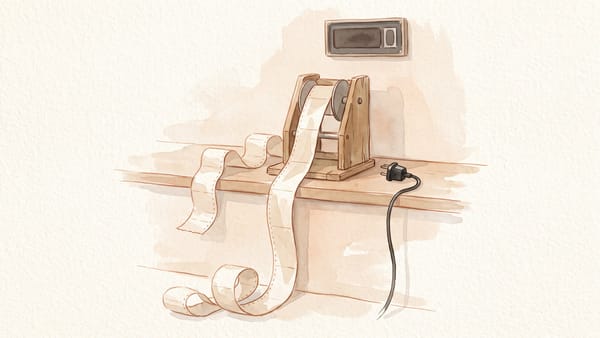 Aquarell in Cremetönen: aus einem hölzernen Nummernspender ringelt sich ein langes Band ungezogener Wartenummern zu Boden, daneben ein Stecker, der in nichts steckt.