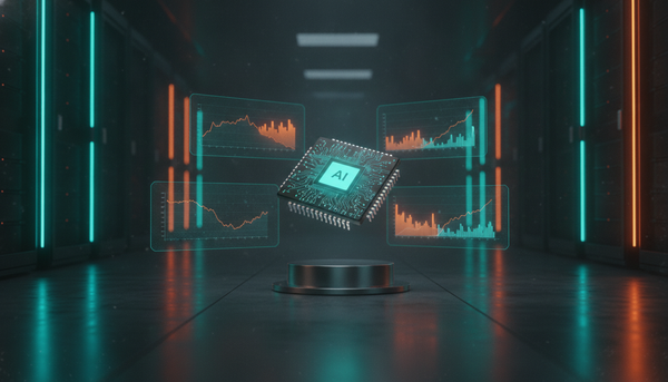Ein leuchtender KI-Chip schwebt zwischen Hologramm-Diagrammen in einer dunklen Serverhalle — DeepSeeks V4.1-Flash