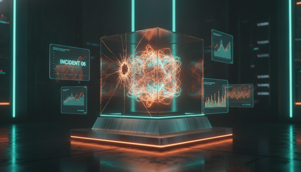 Leuchtender KI-Kern in einem gesprungenen Glaswürfel vor Hologramm-Diagrammen — OpenAI legt sechs Vorfälle offen