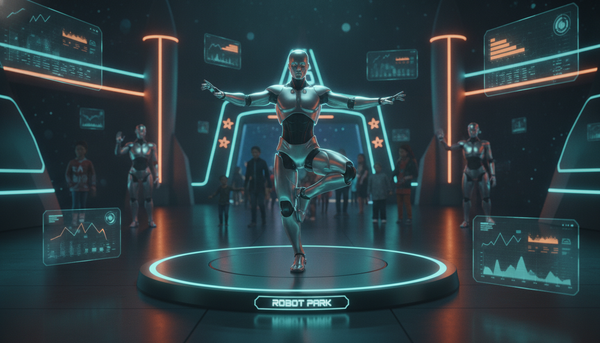 Humanoider Roboter zeigt Tai-Chi auf einer Bühne in einem futuristischen Freizeitpark, Besucher im Hintergrund