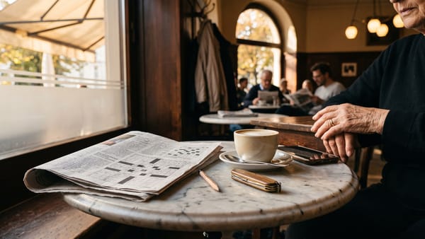 Marmortisch im Kaffeehaus mit halb gelöstem Kreuzworträtsel, Bleistift, Taschenmesser, Café Olé und Smartphone, daneben die Hände einer älteren Dame.