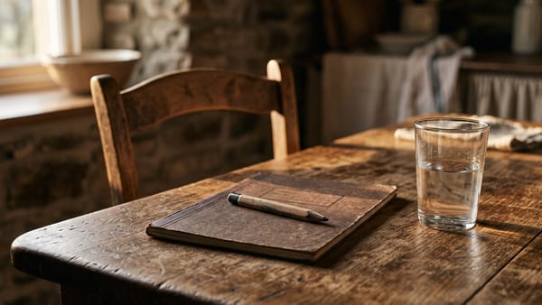 Auf einem abgewetzten Holztisch liegt ein geschlossenes Schulheft mit einem kurzen Bleistift darauf, daneben ein halbvolles Wasserglas; der Sessel dahinter ist leergeschoben.