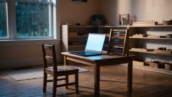 Leerer Holzstuhl in einem dämmrigen Montessori-Klassenzimmer, auf dem kleinen Tisch ein aufgeklappter, hell leuchtender Laptop neben einem Rechenrahmen aus Holz.