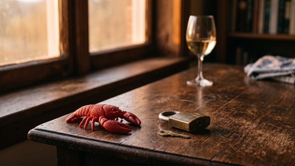 Roter Spielzeughummer auf dunklem Holztisch neben geschlossenem Messing-Vorhängeschloss und kleinem Schlüssel, im Hintergrund Fenster im Abendlicht und halbvolles Weinglas.