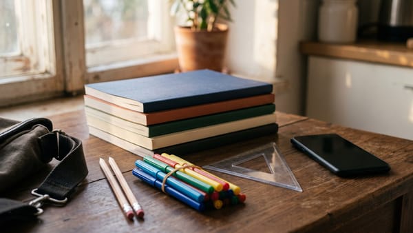 Neue Schulhefte, Filzstifte, zwei Bleistifte und ein Geodreieck auf einem Holztisch im Morgenlicht, daneben ein dunkles Smartphone