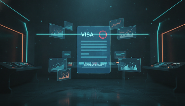 Hologramm eines Visa-Antrags im dunklen Lagezentrum — das Weiße Haus macht die KI-Meldepflicht verbindlich
