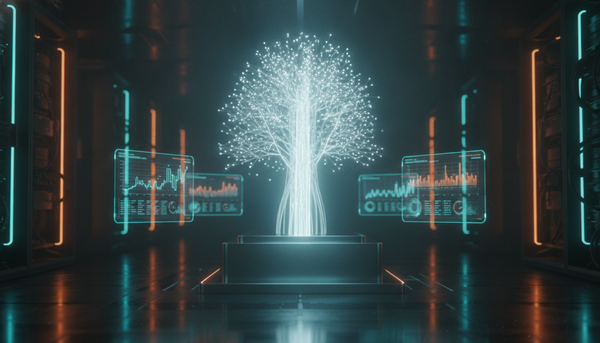 Leuchtender Baum aus Code-Fasern auf einem Metallsockel, umgeben von Hologramm-Diagrammen