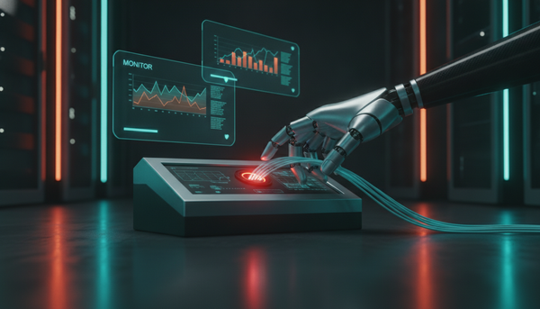 Roboterhand zieht ein leuchtendes Kabel aus einer Überwachungskonsole im Rechenzentrum