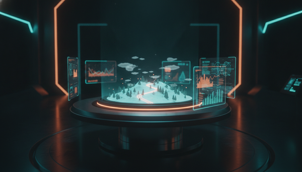 Hologramm einer KI-generierten Miniaturwelt mit Bäumen und Straße über einem leuchtenden Podest