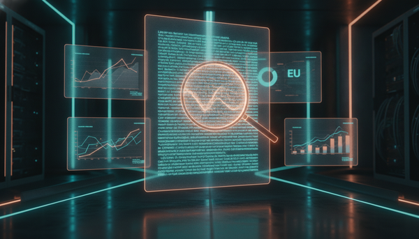 Leuchtendes Hologramm-Dokument mit Lupe, die ein verstecktes Wasserzeichen im Text sichtbar macht