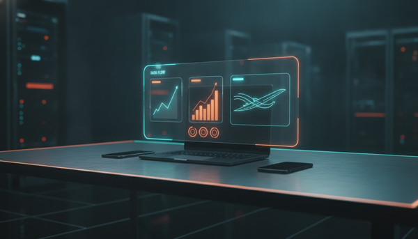 Laptop mit schwebenden Hologramm-Diagrammen – GPT-6 antwortet jetzt mit Knöpfen und Grafiken