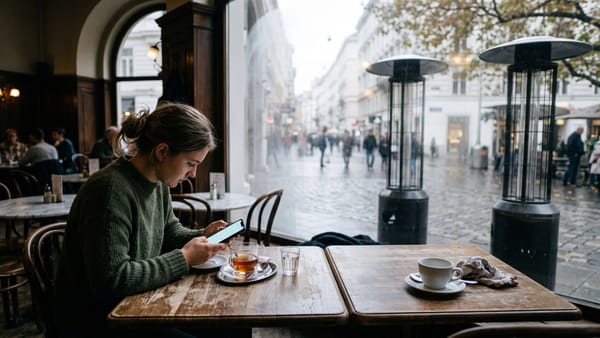 Junge Frau mit Handy an einem Kaffeehaustisch, daneben ein leerer Tisch, draußen ausgeschaltete Heizstrahler im Oktoberregen