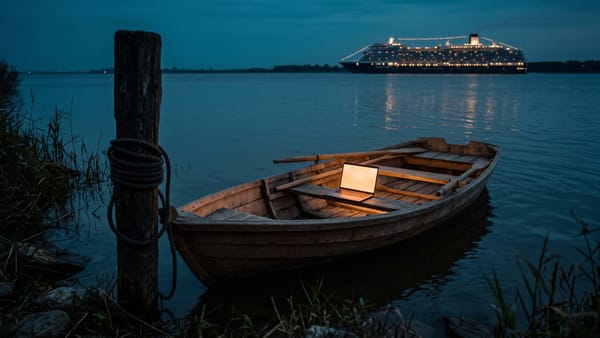 Ein unbeschriftetes Ruderboot liegt in der Dämmerung am Ufer vertäut, auf der Bank leuchtet ein aufgeklappter Laptop; weit draußen zieht ein hell erleuchtetes Kreuzfahrtschiff vorbei.