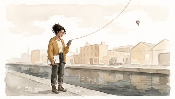 Aquarell einer Frau mit gelber Strickjacke am Kanal, die auf ihr Handy blickt. Von dort führt ein Faden in den Himmel zu einem kleinen Schalter, der weit außer Reichweite hängt.