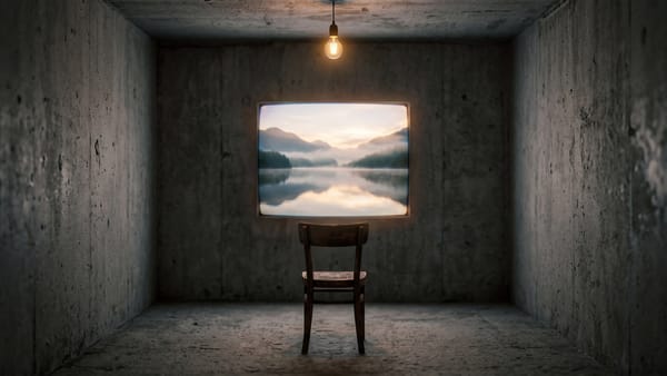 Ein fensterloser Betonraum mit nackter Glühbirne, an der Wand leuchtet wie ein alter Bildschirm ein nebliger Bergsee im Morgenlicht, davor ein leerer Holzstuhl.