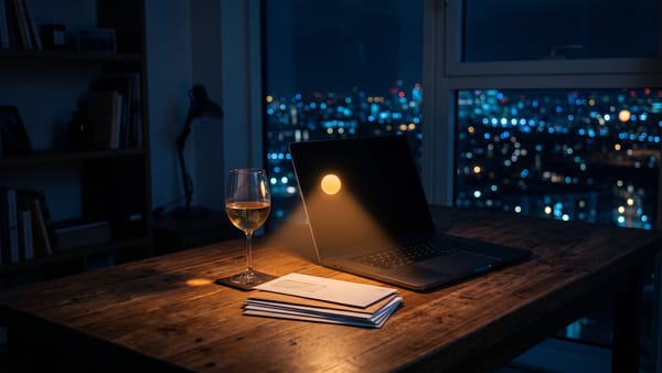 Ein bernsteinfarben leuchtender Punkt strahlt von einem aufgeklappten Laptop auf einen Stapel Briefe und ein Weinglas in einem nächtlichen Büro.