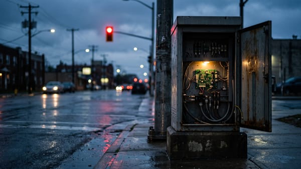 Offener Ampelkasten am Straßenrand in der Dämmerung, darin eine kleine grüne Platine unter einer Lampe, im Hintergrund eine rote Ampel auf nasser Straße.