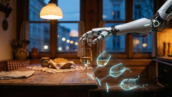 Eine Roboterhand schwebt über einem Glas Weißwein an der Tischkante einer Wiener Küche, daneben leuchtende Projektionen des fallenden und zerbrechenden Glases.