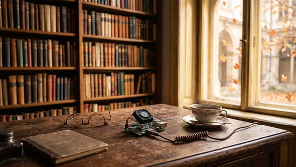 Ein kleiner Einplatinencomputer mit Lüfter auf einem alten Holzschreibtisch, daneben Lesebrille, Buch und eine Tasse Tee, im Hintergrund Bücherregal und Herbstlicht.